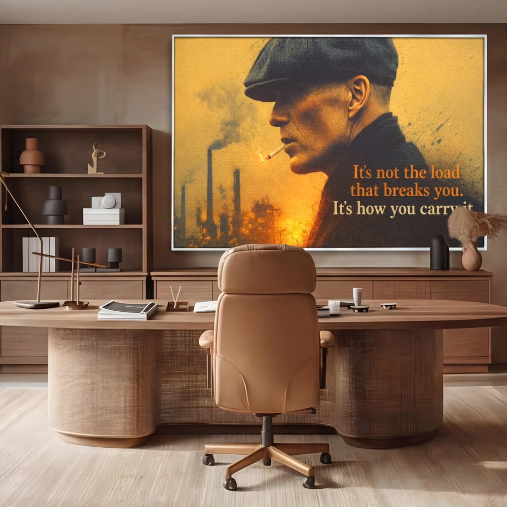 Tablou canvas cu tablou canvas cu personaj si mesaj motivational, in rama de aluminiu argintiu, pe perete intr-un birou
